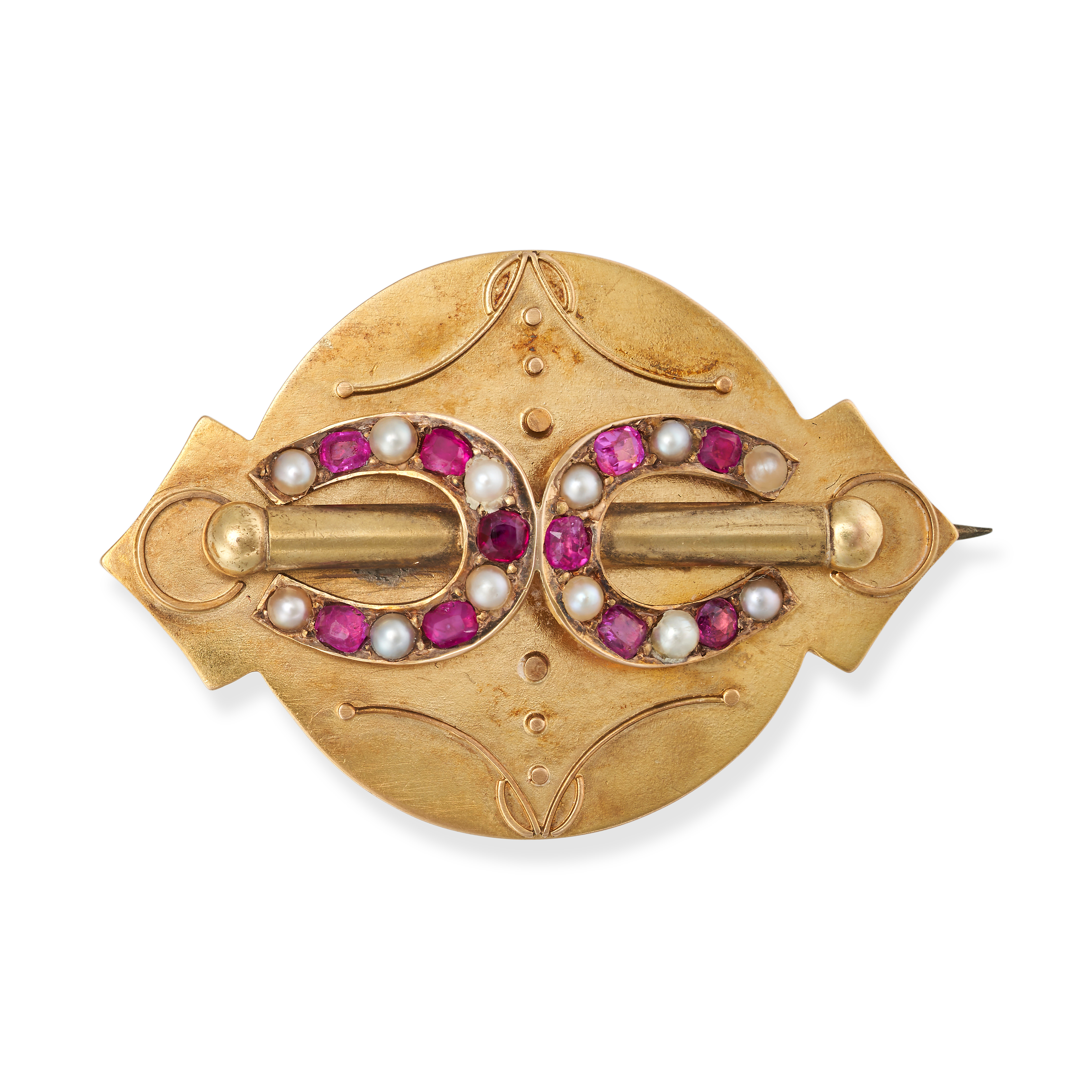 AN ANTIQUE RUBY AND PEARL HORSESHOE BROOCH in yellow gold, designed as two horseshoes set with ro...