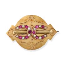 AN ANTIQUE RUBY AND PEARL HORSESHOE BROOCH in yellow gold, designed as two horseshoes set with ro...