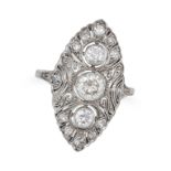A DIAMOND DRESS RING the navette face set with three transitional cut diamonds, accented by old a...
