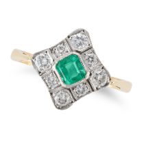 AN EMERALD AND DIAMOND RING set with an octagonal step cut emerald in a border of round brilliant...