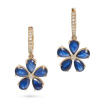 A PAIR OF SAPPHIRE AND DIAMOND FLOWER EARRINGS each comprising a hoop set with a row of round cut...