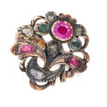 AN ANTIQUE RUBY, EMERALD AND DIAMOND GIARDINETTO RING in yellow gold and silver, designed as a fl...