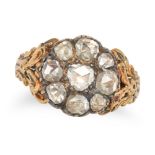 AN ANTIQUE DIAMOND CLUSTER RING in yellow gold and silver, set with a cluster of rose cut diamond...