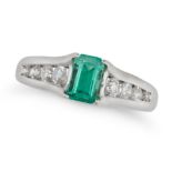 AN EMERALD AND DIAMOND RING in white gold, set with an octagonal step cut emerald of 0.64 carats,...