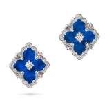 BUCCELLATI, A PAIR OF OPERA TULLE EARRINGS each set with a quatrefoil slice of lapis lazuli, in a...