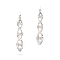 A PAIR OF DIAMOND AND PEARL DROP EARRINGS each comprising a row of oval links set throughout with...