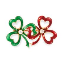 AN ANTIQUE DIAMOND AND ENAMEL SHAMROCK BROOCH in yellow gold, designed as a pair of interlocking ...