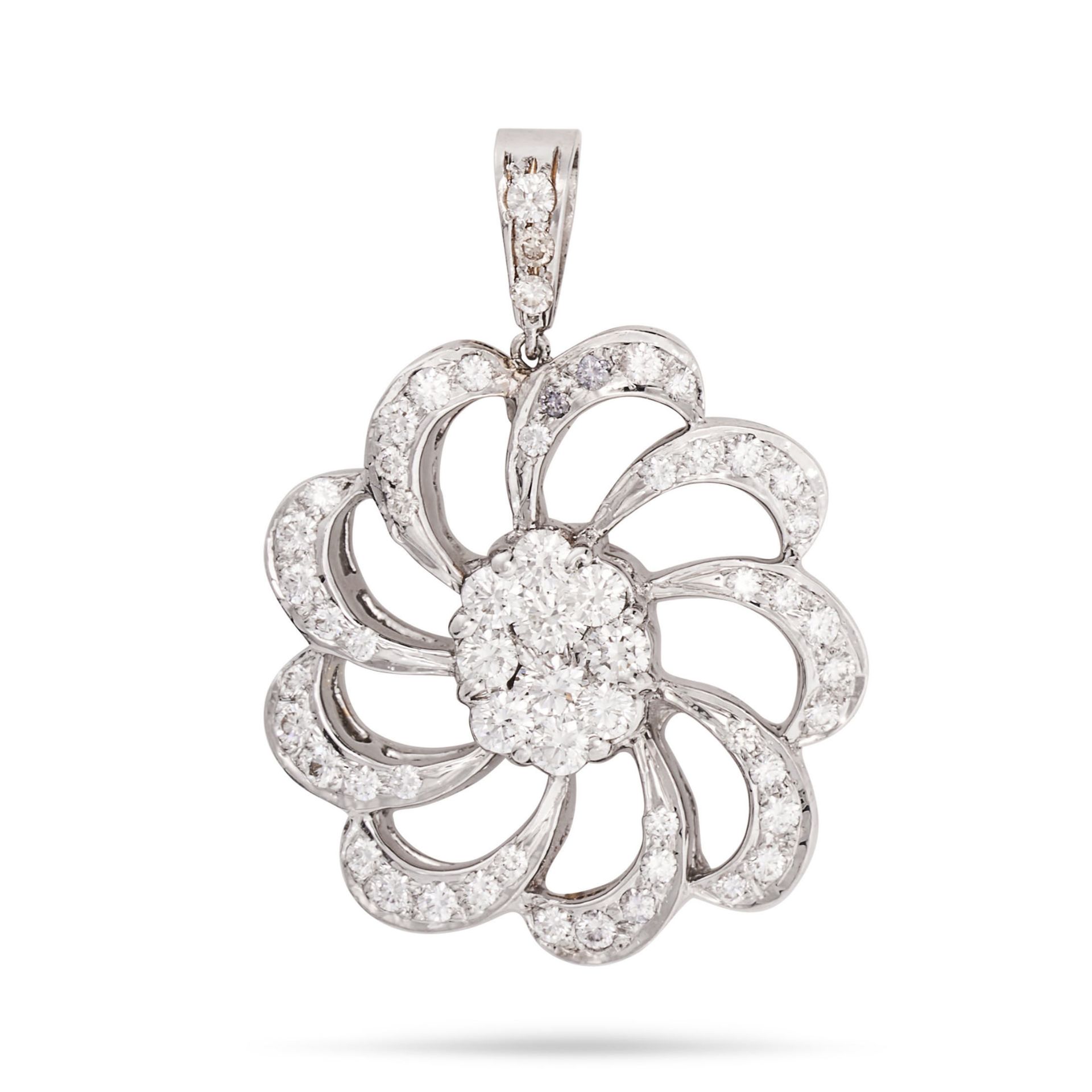 A DIAMOND PENDANT set with a cluster of round brilliant cut diamonds accented by a stylised borde...
