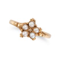 AN ANTIQUE PEARL AND DIAMOND CLUSTER RING set with a rose cut diamond in a cluster of pearls, no ...