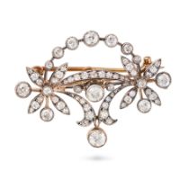 AN ANTIQUE DIAMOND BROOCH in yellow gold and silver, in foliate design set throughout with old an...