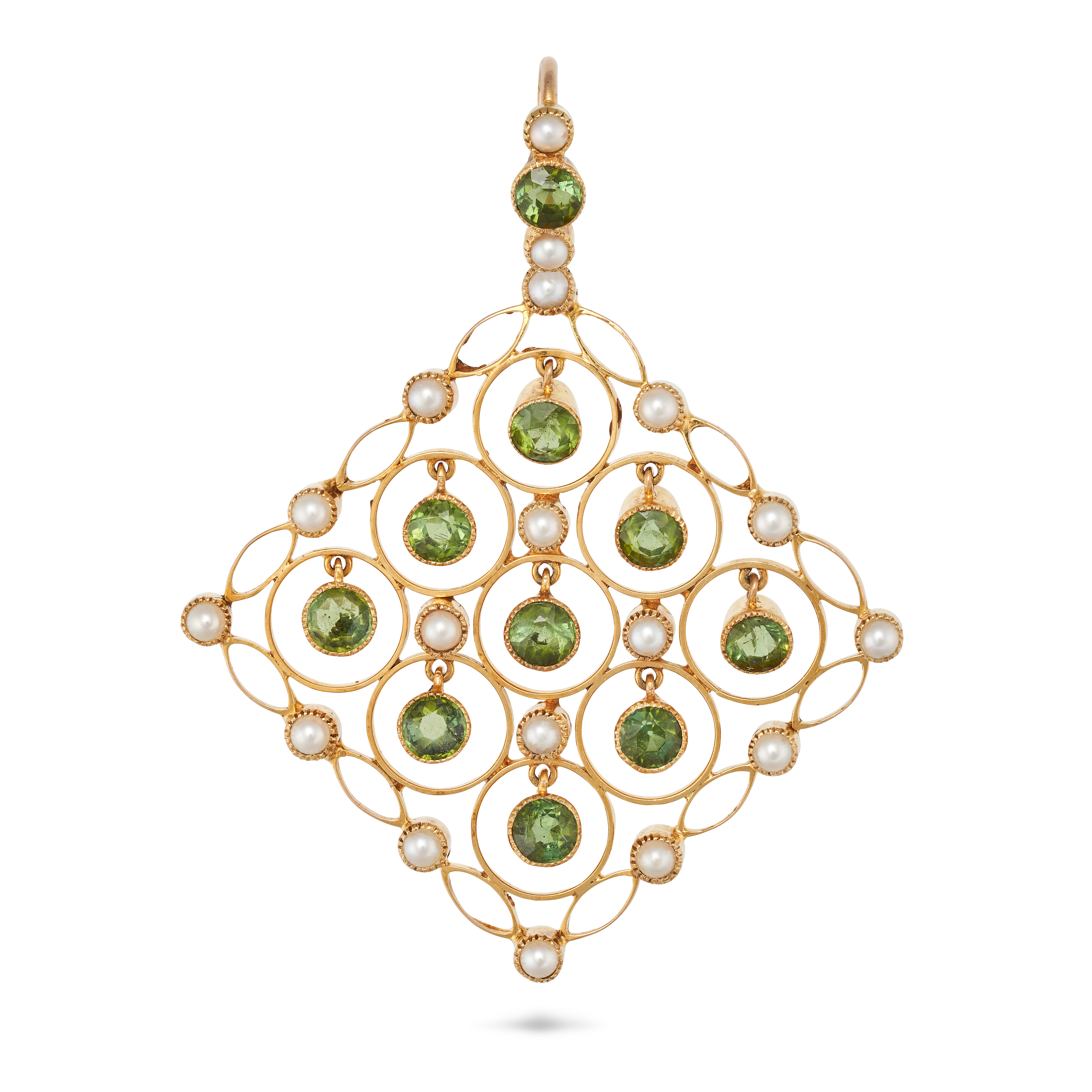 AN ANTIQUE PERIDOT AND PEARL PENDANT in yellow gold, deigned as a stylised lattice with round cut...