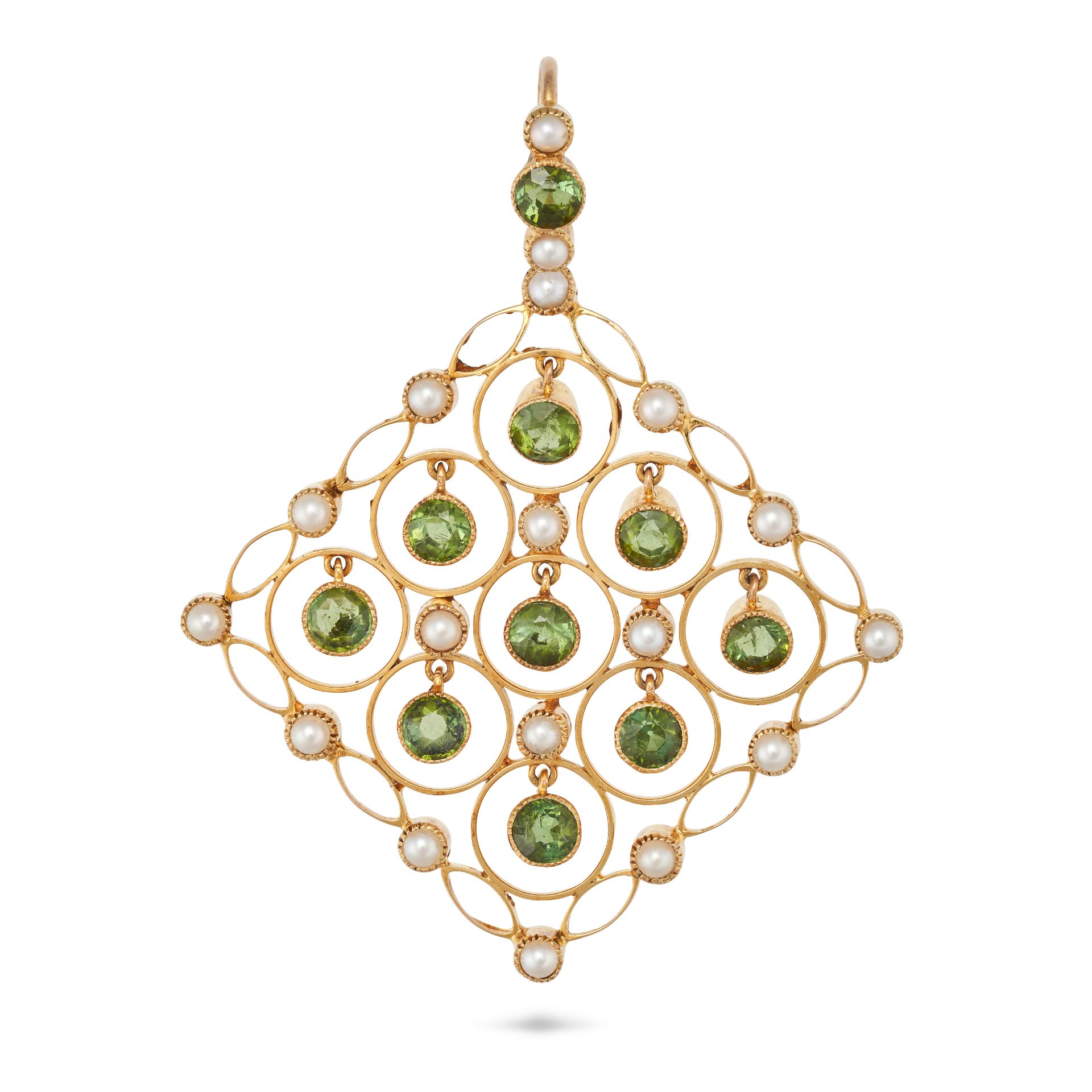 AN ANTIQUE PERIDOT AND PEARL PENDANT in yellow gold, deigned as a stylised lattice with round cut...