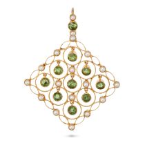 AN ANTIQUE PERIDOT AND PEARL PENDANT in yellow gold, deigned as a stylised lattice with round cut...