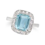 AN AQUAMARINE AND DIAMOND CLUSTER RING set with an octagonal step cut aquamarine of approximately...