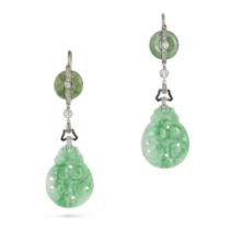 A PAIR OF ART DECO JADEITE JADE, DIAMOND AND ENAMEL DROP EARRINGS each set with a polished jadeit...