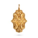 AN ANTIQUE VINAIGRETTE PENDANT in yellow gold, the ornate chased vinaigrette opening to reveal a ...