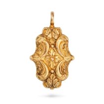 AN ANTIQUE VINAIGRETTE PENDANT in yellow gold, the ornate chased vinaigrette opening to reveal a ...