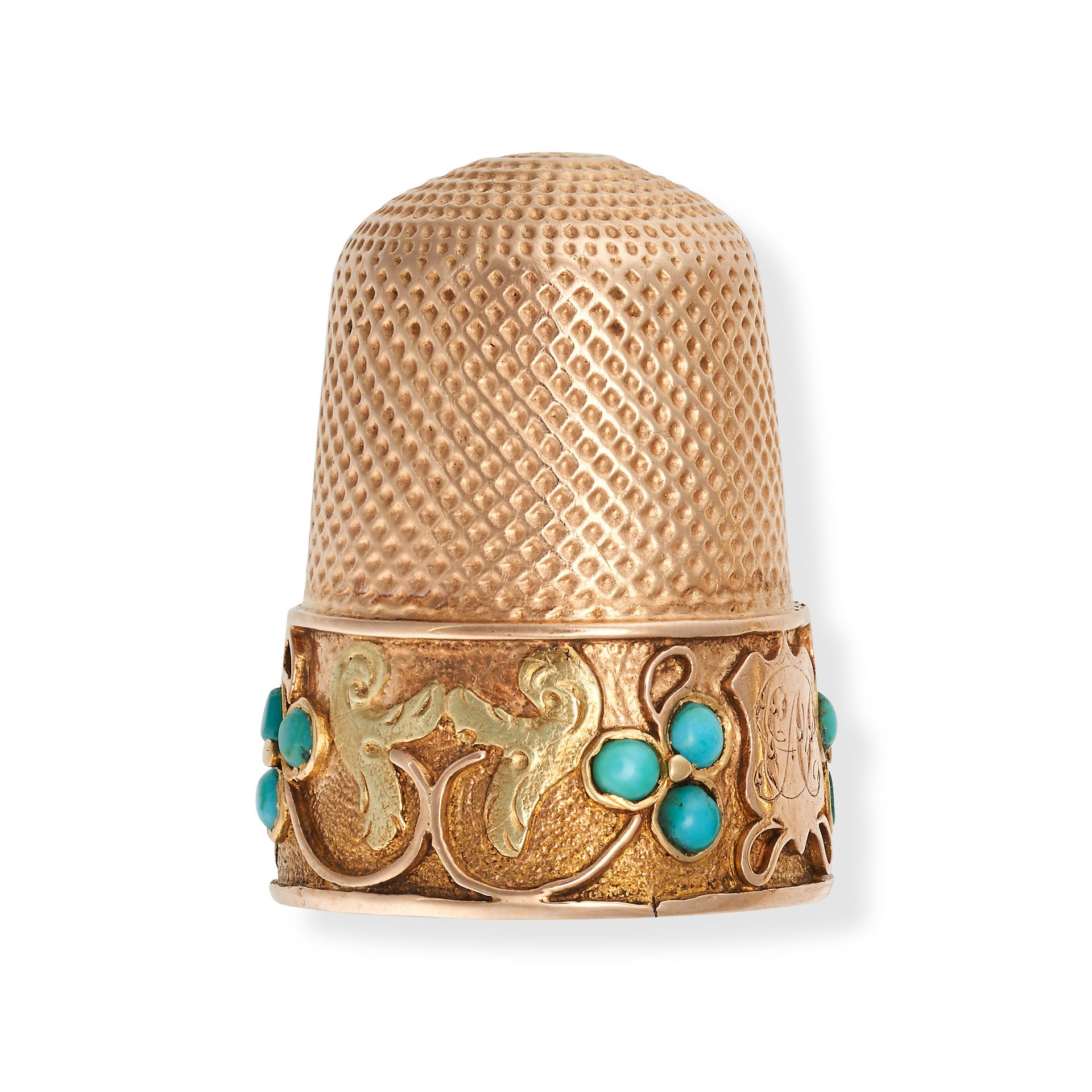 AN ANTIQUE TURQUOISE THIMBLE in yellow gold, accented by clover motifs set with round cabochon tu...