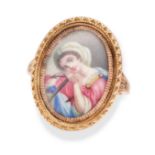 AN ANTIQUE PORTRAIT MINIATURE RING set with an oval portrait miniature depicting a classical lady...