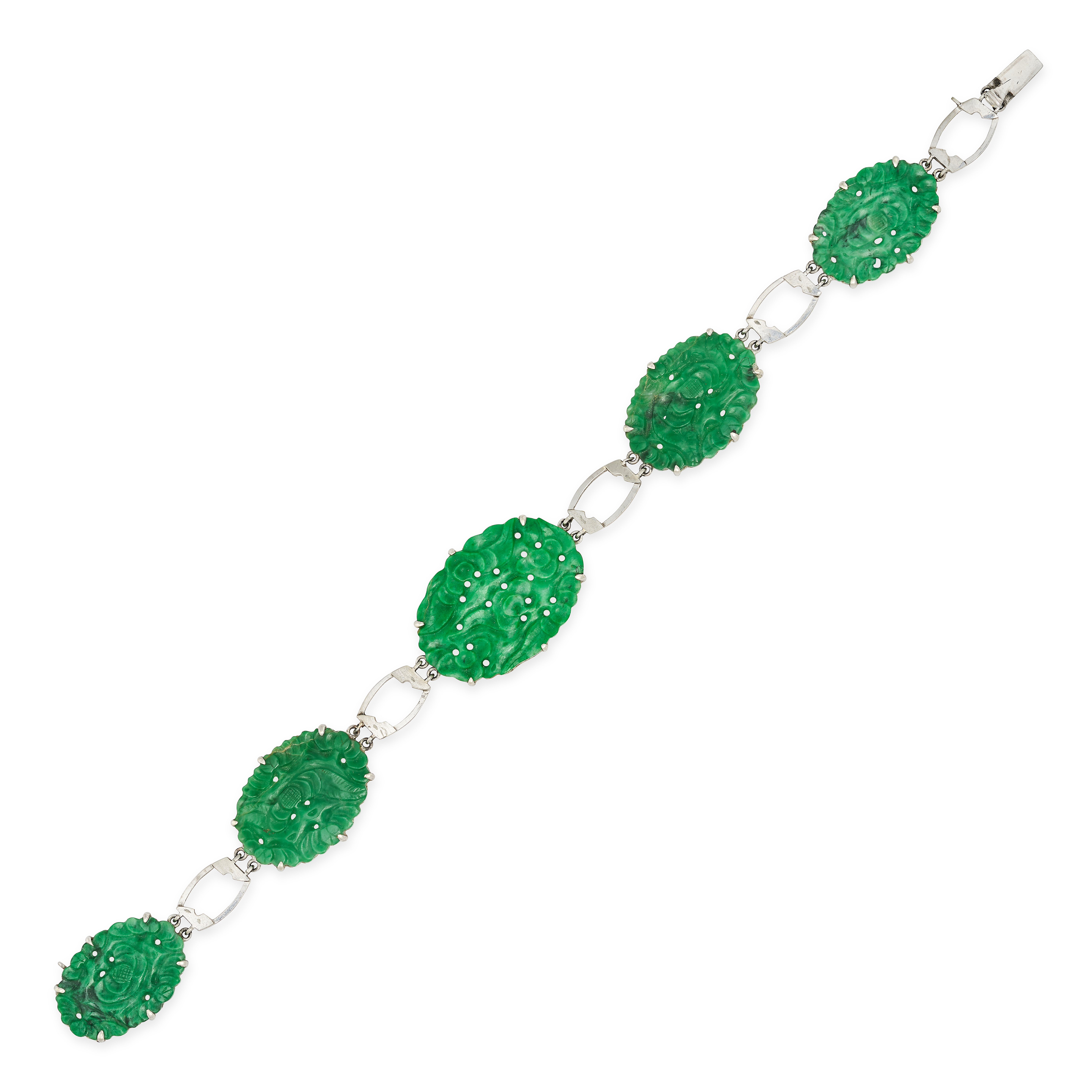 A JADEITE JADE BRACELET in white gold, set with a row of five oval jadeite jade plaques carved to...