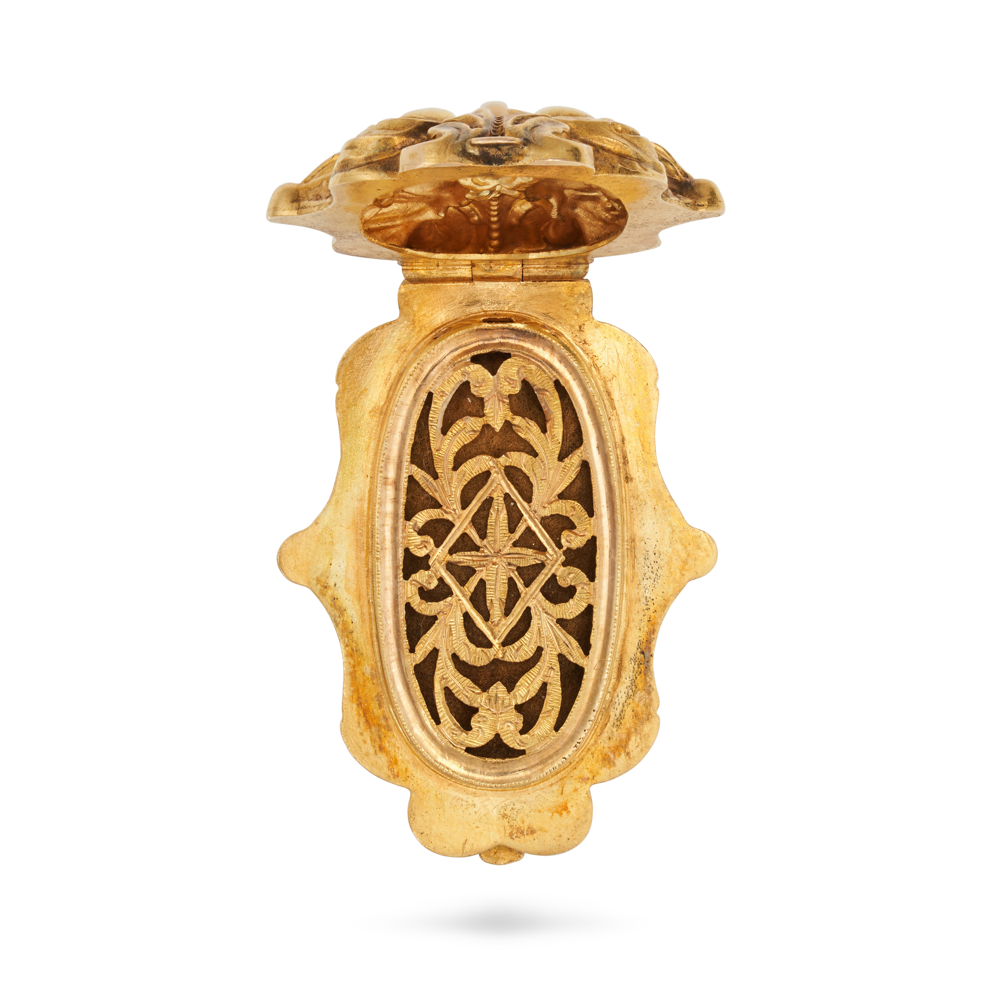 AN ANTIQUE VINAIGRETTE PENDANT in yellow gold, the ornate chased vinaigrette opening to reveal a ... - Image 2 of 2