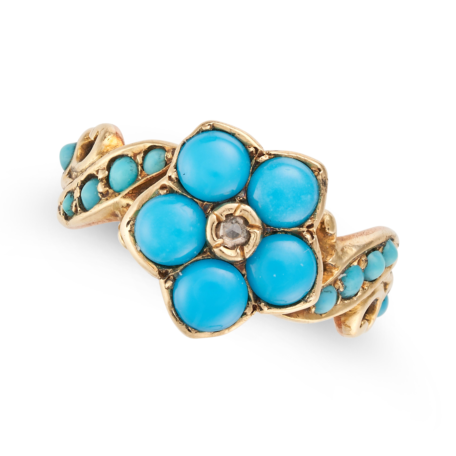 A TURQUOISE AND DIAMOND FLOWER RING set with a rose cut diamond in a cluster of round cabochon tu...