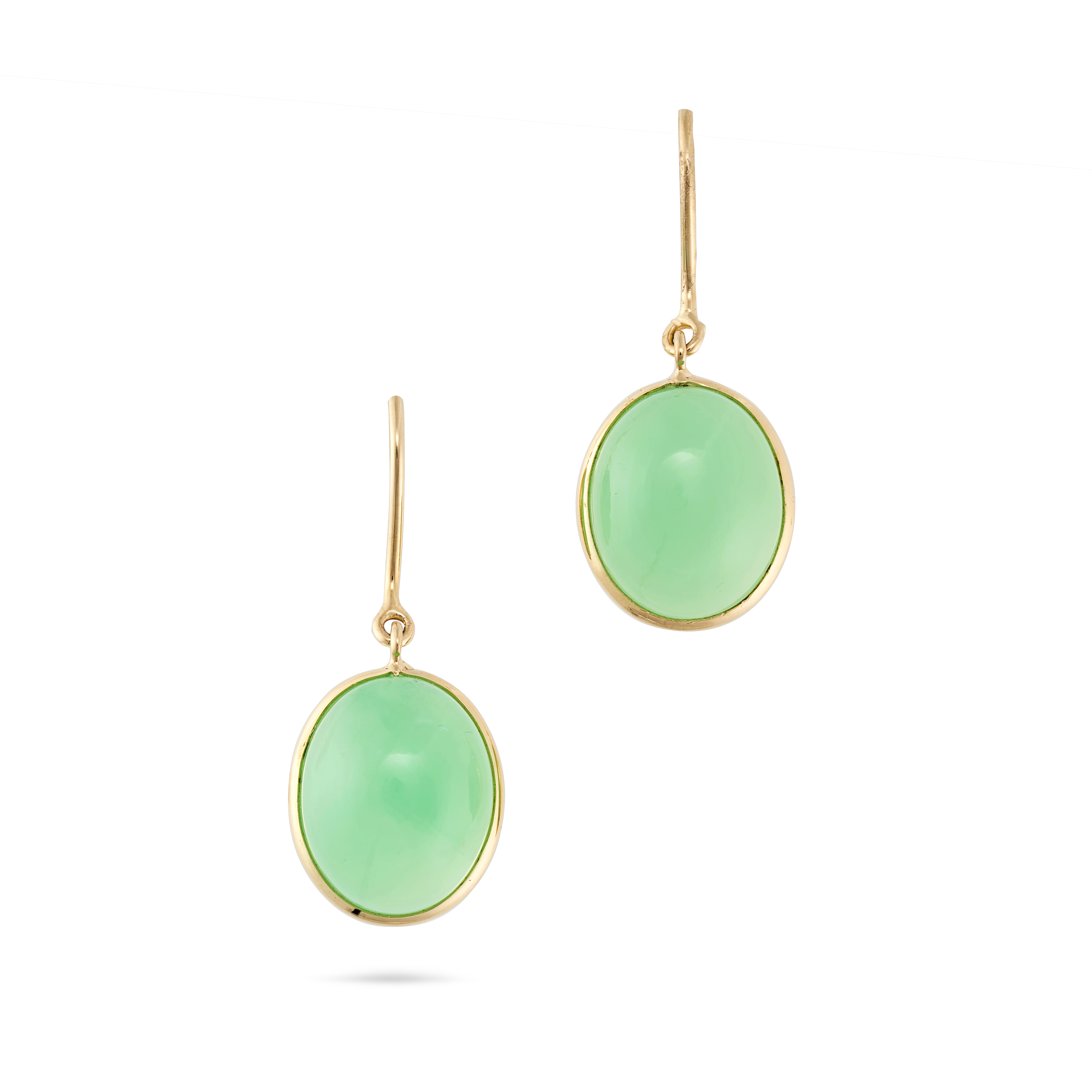 A PAIR OF CHRYSOPRASE DROP EARRINGS each set with an oval cabochon chrysoprase, stamped 18K, 2.5c...