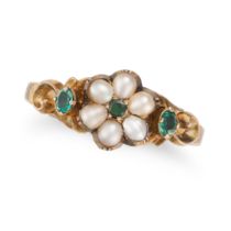 AN ANTIQUE EMERALD AND PEARL CLUSTER RING in yellow gold, set with a round cut emerald in a clust...