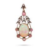 AN ANTIQUE OPAL, PINK TOURMALINE AND DIAMOND PENDANT in yellow gold and silver, set with an oval ...