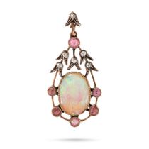 AN ANTIQUE OPAL, PINK TOURMALINE AND DIAMOND PENDANT in yellow gold and silver, set with an oval ...