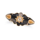 AN ANTIQUE DIAMOND AND ENAMEL RING set with an old cut diamond in a star shaped border, the band ...
