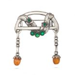 GEORG JENSEN, AN ANTIQUE AMBER AND CHRYSOPRASE BROOCH, CIRCA 1909 - 1911, in silver, design numbe...