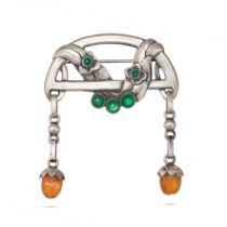 GEORG JENSEN, AN ANTIQUE AMBER AND CHRYSOPRASE BROOCH, CIRCA 1909 - 1911, in silver, design numbe...