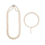 NO RESERVE - TWO FAUX PEARL NECKLACES one comprising two rows of faux pearls, with a faux pearl s...