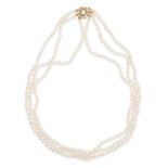 A THREE ROW PEARL NECKLACE comprising three rows of pearls, the clasp set with a cluster of furth...