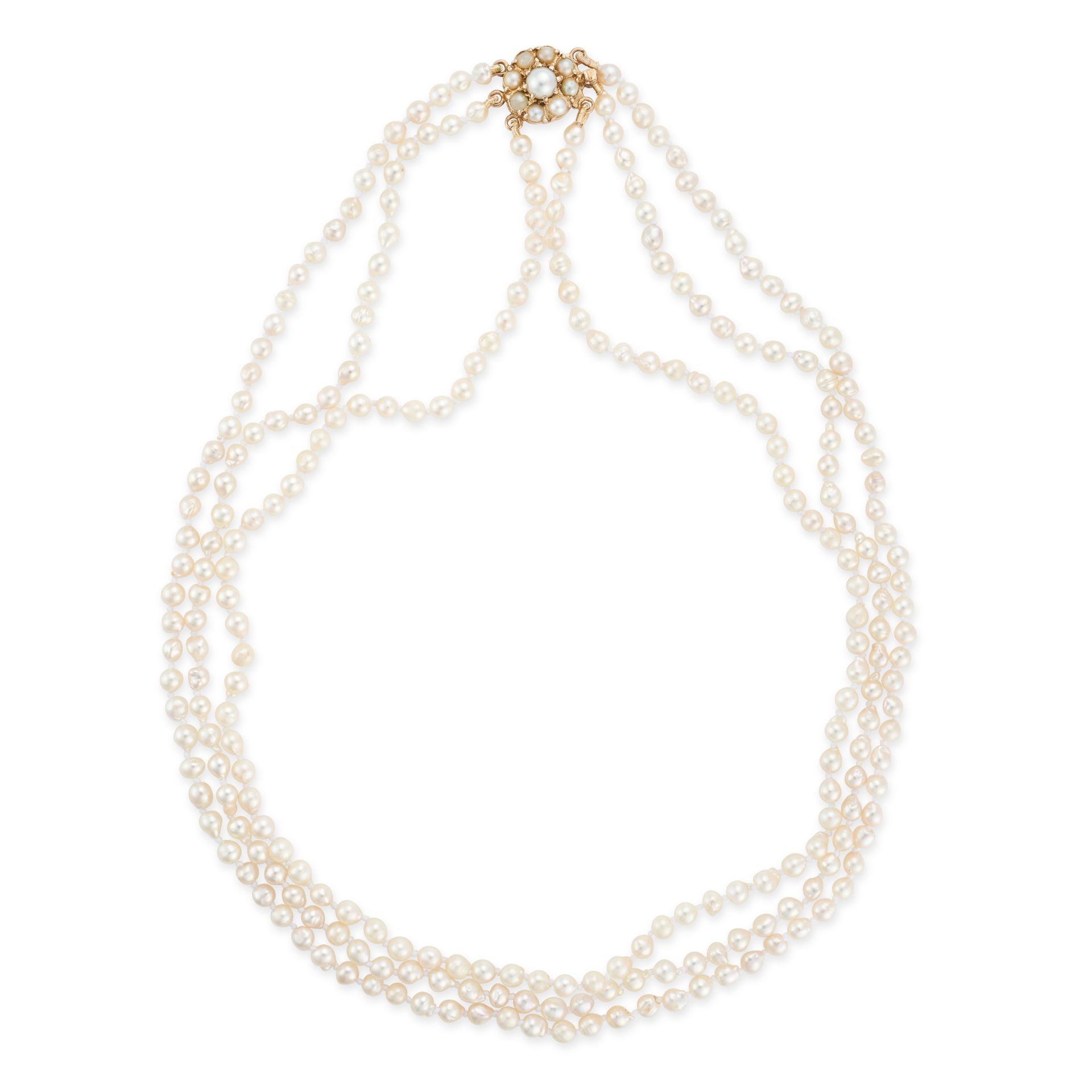 A THREE ROW PEARL NECKLACE comprising three rows of pearls, the clasp set with a cluster of furth...