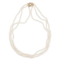A THREE ROW PEARL NECKLACE comprising three rows of pearls, the clasp set with a cluster of furth...