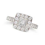 NO RESERVE - A DIAMOND DRESS RING in platinum, set with a princess cut diamond in a border of rou...