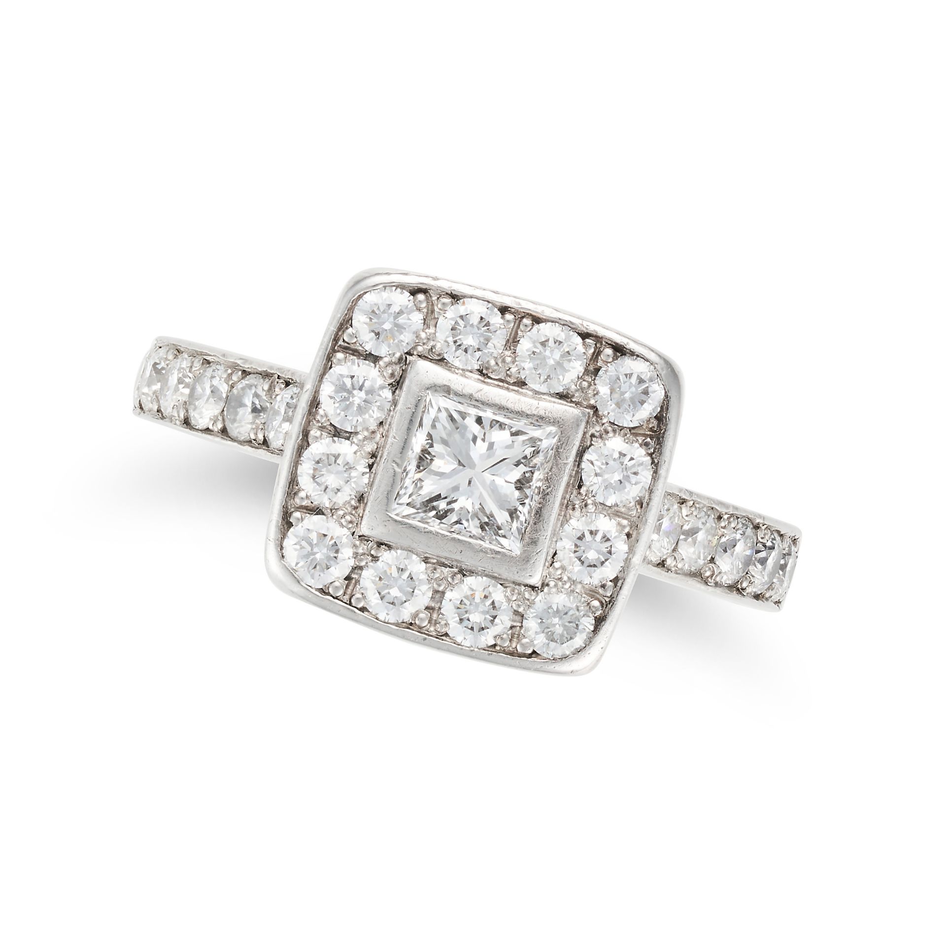 NO RESERVE - A DIAMOND DRESS RING in platinum, set with a princess cut diamond in a border of rou...