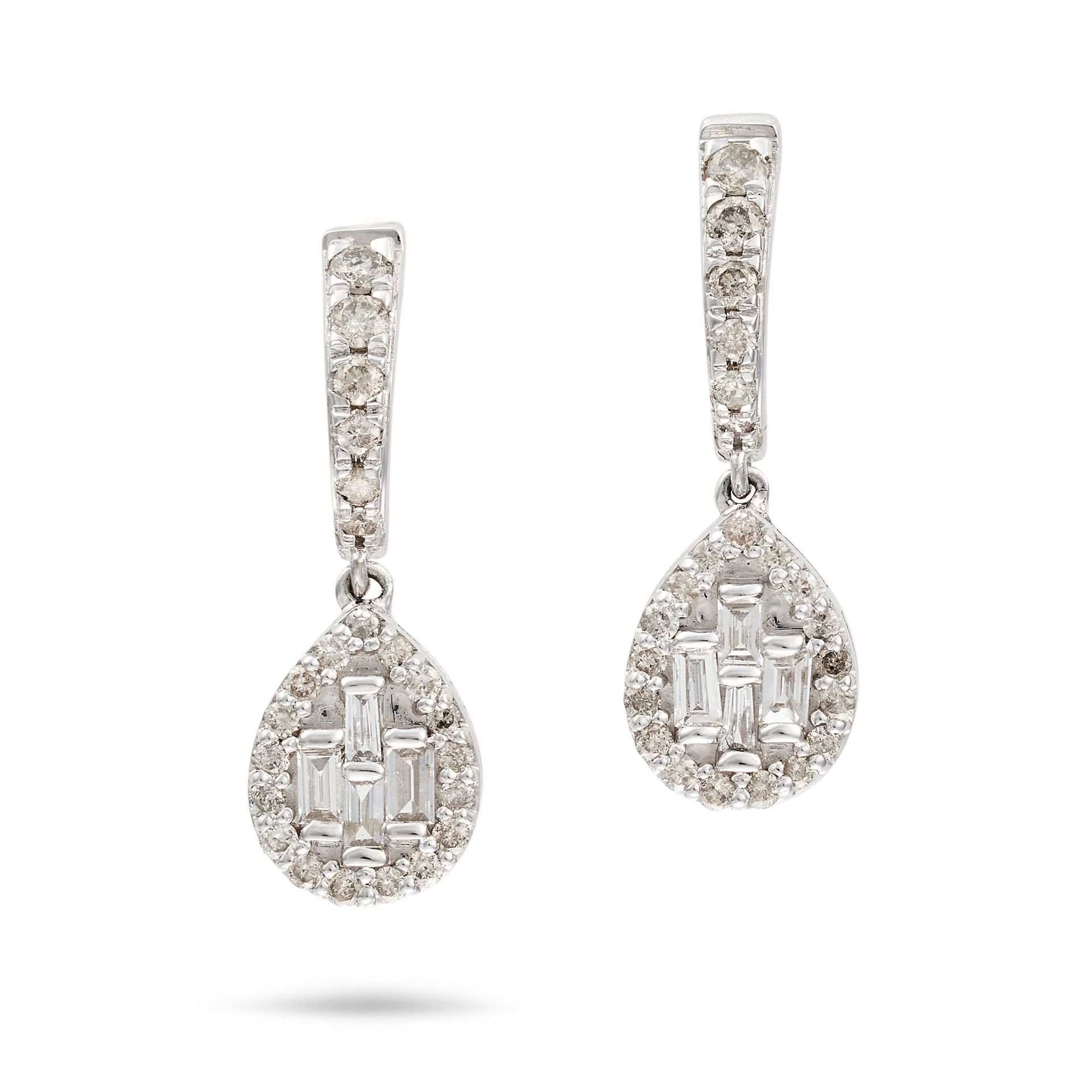 A PAIR OF DIAMOND DROP EARRINGS each comprising a half hoop set with round brilliant cut diamonds...