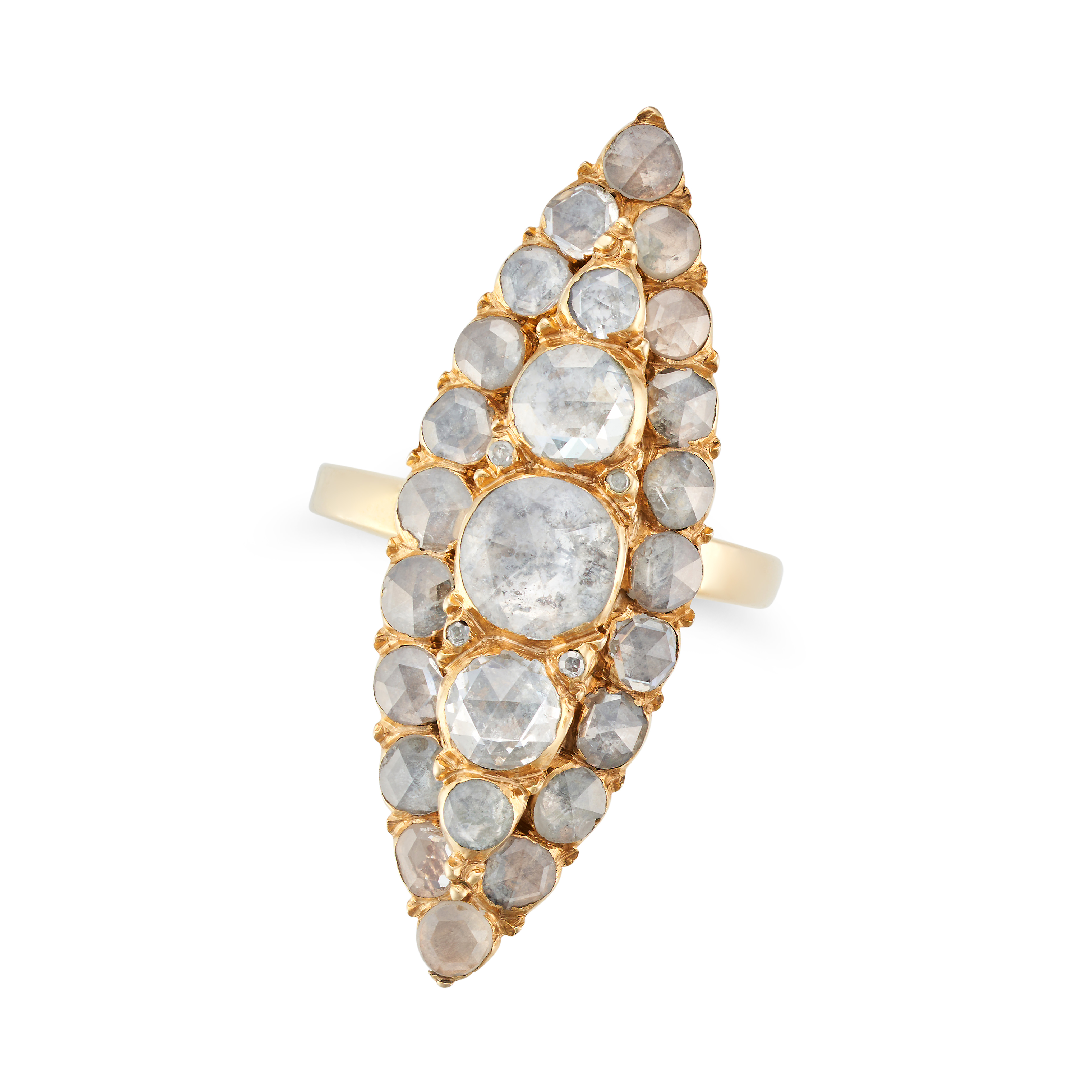 A DIAMOND NAVETTE RING in 9ct yellow gold, the navette ring set throughout with rose cut diamonds...