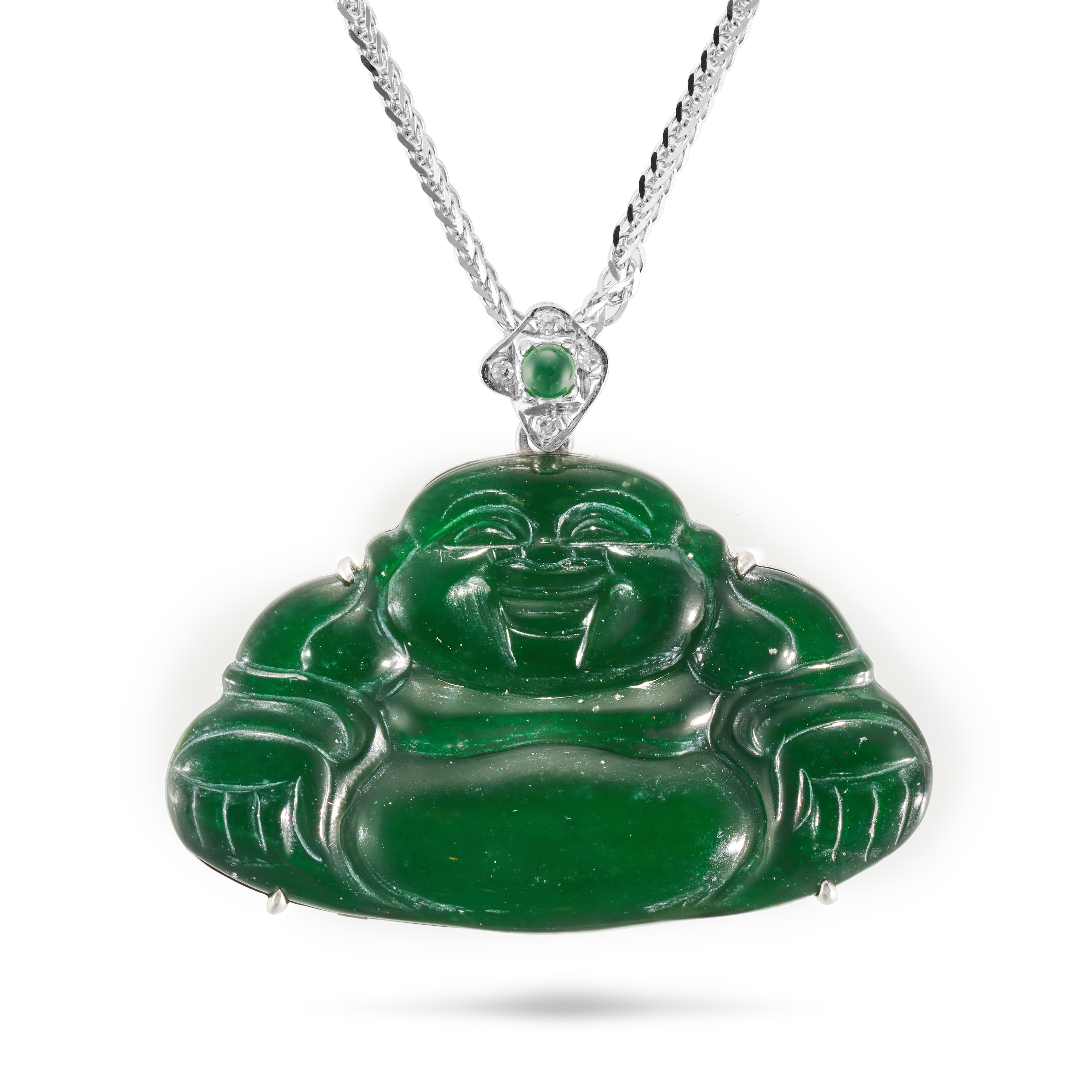 A NATURAL JADEITE JADE AND DIAMOND BUDDHA PENDANT NECKLACE the pendant set with a round cabochon ...