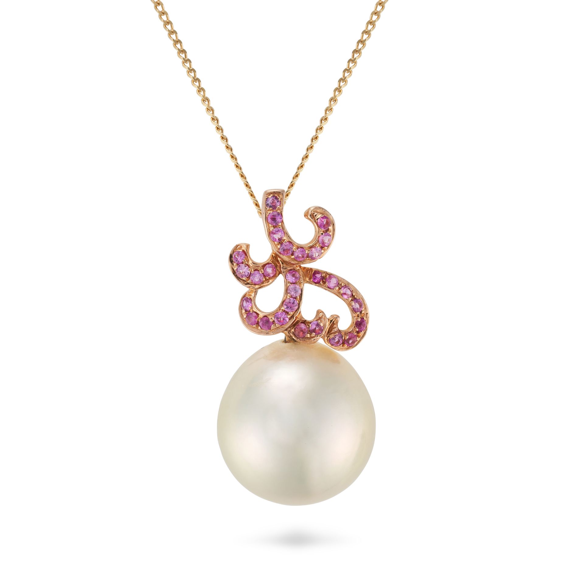 A PEARL AND PINK SAPPHIRE PENDANT NECKLACE the pendant comprising a scrolling motif set with roun...