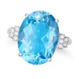 A BLUE TOPAZ AND DIAMOND RING set with an oval cut blue topaz, the stepped shoulders set with rou...