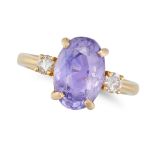 AN UNHEATED PURPLE SAPPHIRE AND DIAMOND THREE STONE RING set with an oval cut sapphire of approxi...