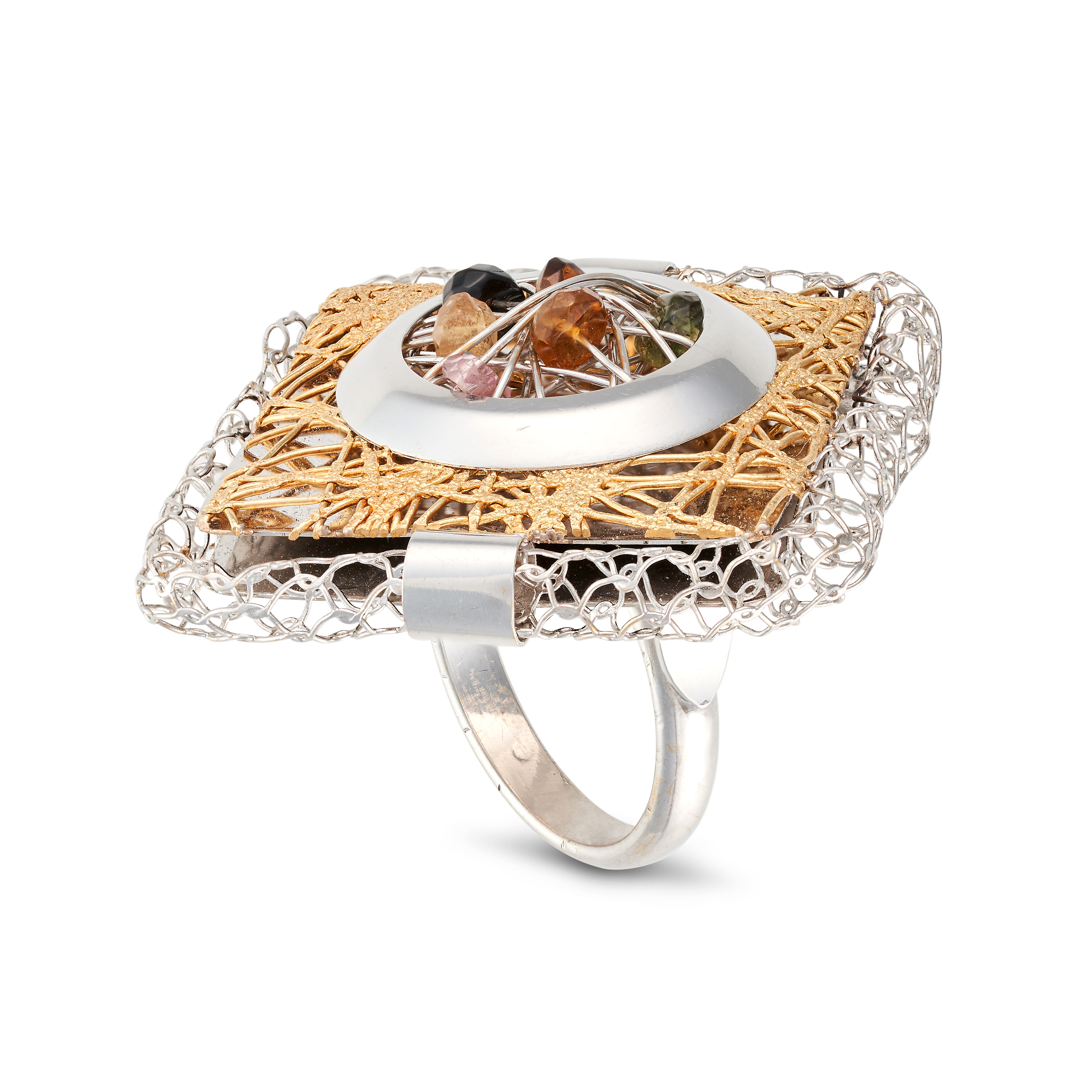A GEMSET RING the stylised square ring set with a cluster of pink tourmaline, citrine and zircon ... - Image 2 of 2