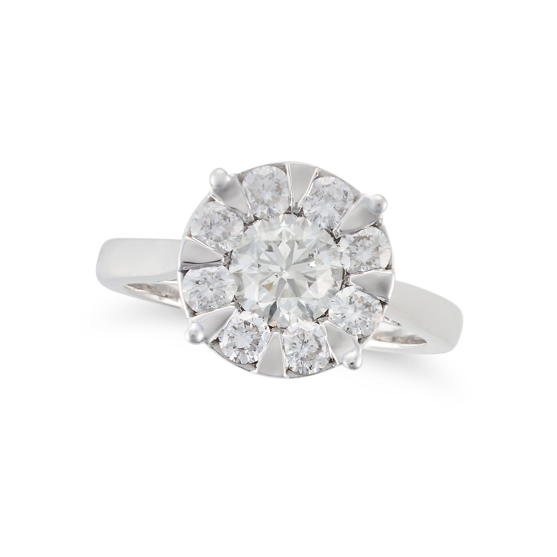 A DIAMOND CLUSTER RING set with a round brilliant cut diamond of 0.80 carats in a cluster of furt...