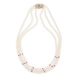 A PEARL, RUBY AND DIAMOND NECKLACE in 14cA PEARL, RUBY AND DIAMOND NECKLACEt yellow gold, compris...