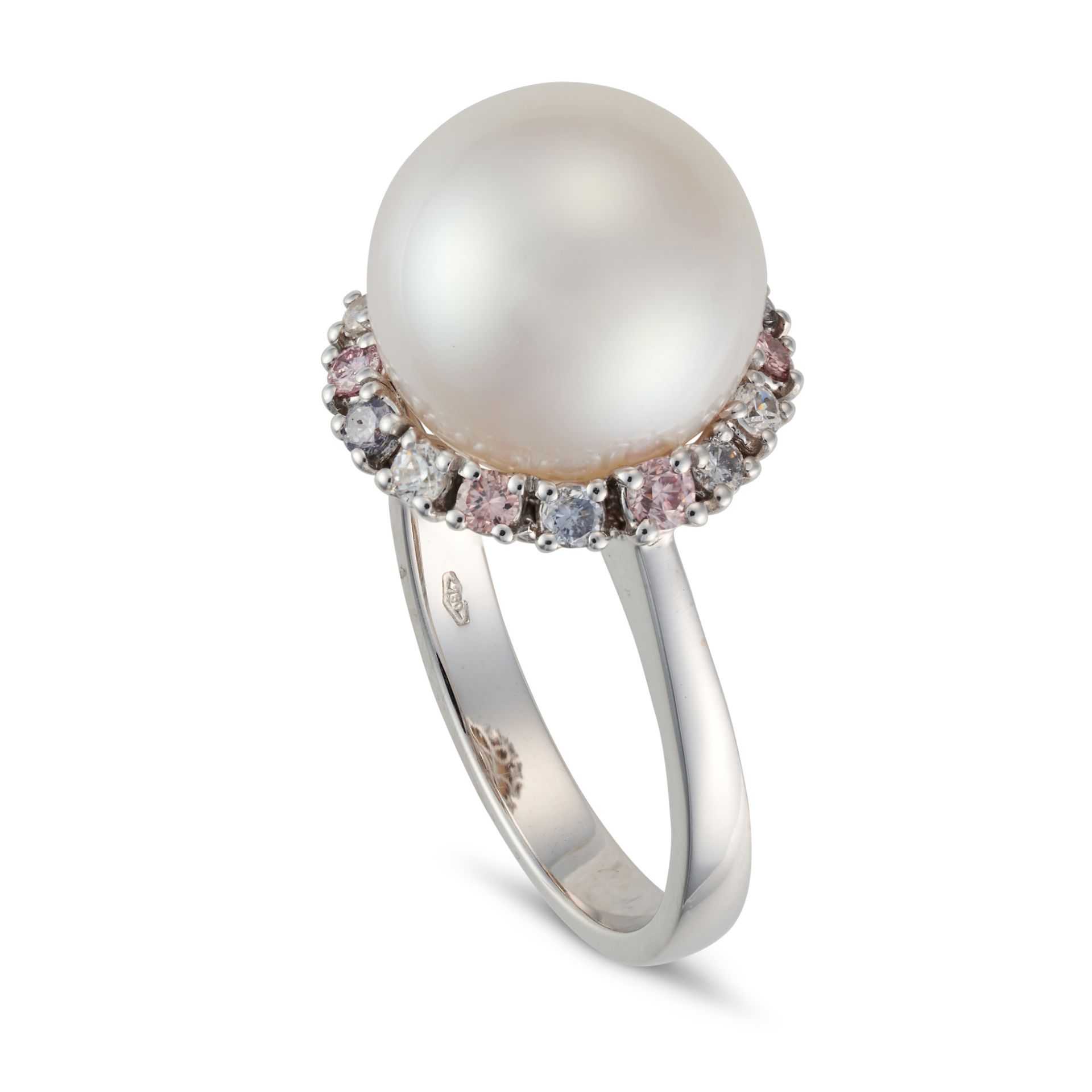 A PEARL AND MULTICOLOUR DIAMOND RING set with a pearl of 11.6mm in a border of round brilliant cu... - Image 2 of 2