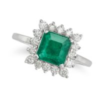 AN EMERALD AND DIAMOND CLUSTER RING set with an octagonal step cut emerald of approximately 1.37 ...